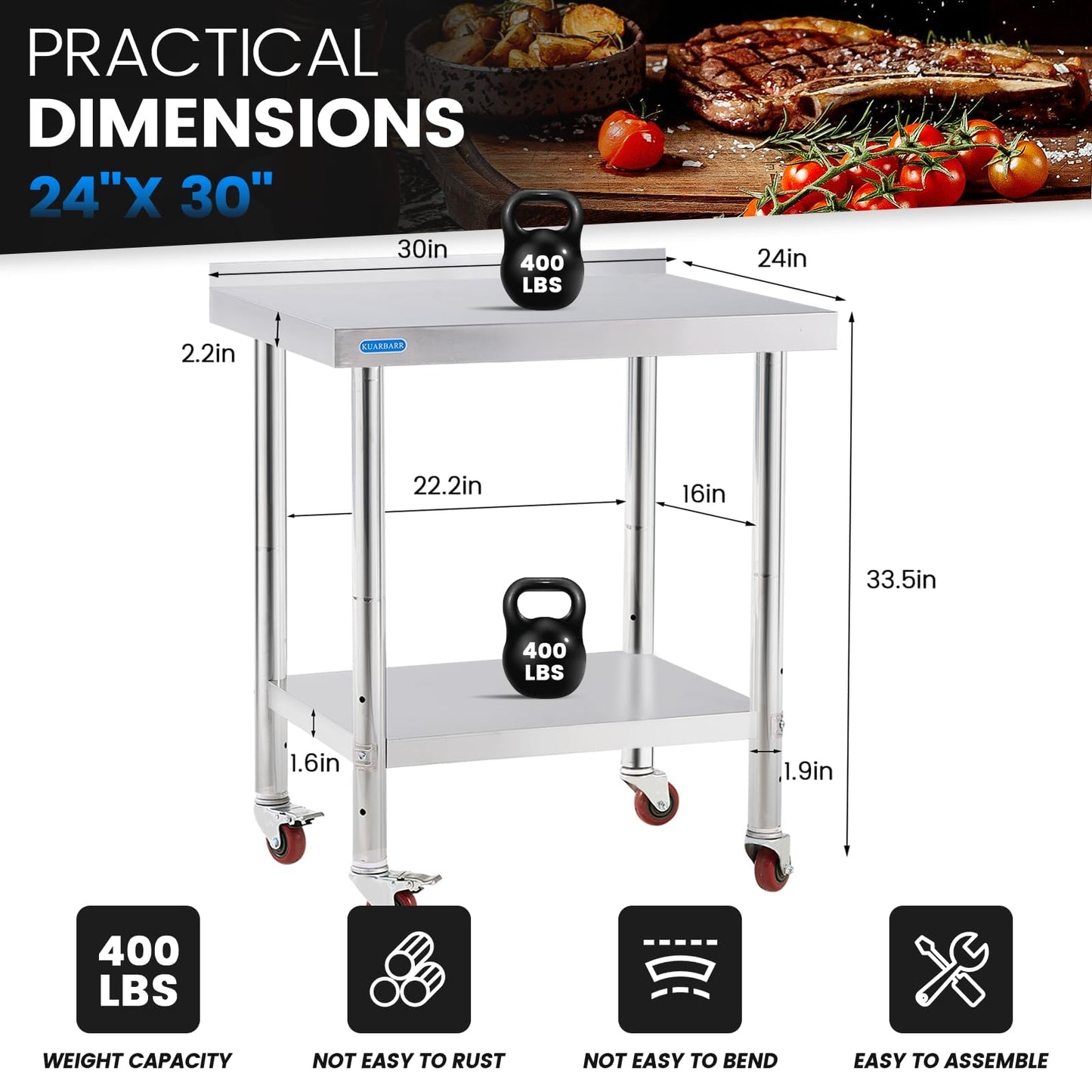 KUARBARR Stainless Steel Table for Prep & Work with 4 Caster Wheels with Backsplash 24 x 30 NSF Metal Commercial Kitchen Adjustable Under Shelf Worktable for Restaurant Home Outdoor