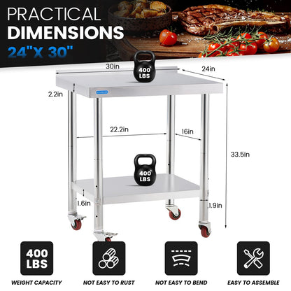 KUARBARR Stainless Steel Table for Prep & Work with 4 Caster Wheels with Backsplash 24 x 30 NSF Metal Commercial Kitchen Adjustable Under Shelf Worktable for Restaurant Home Outdoor