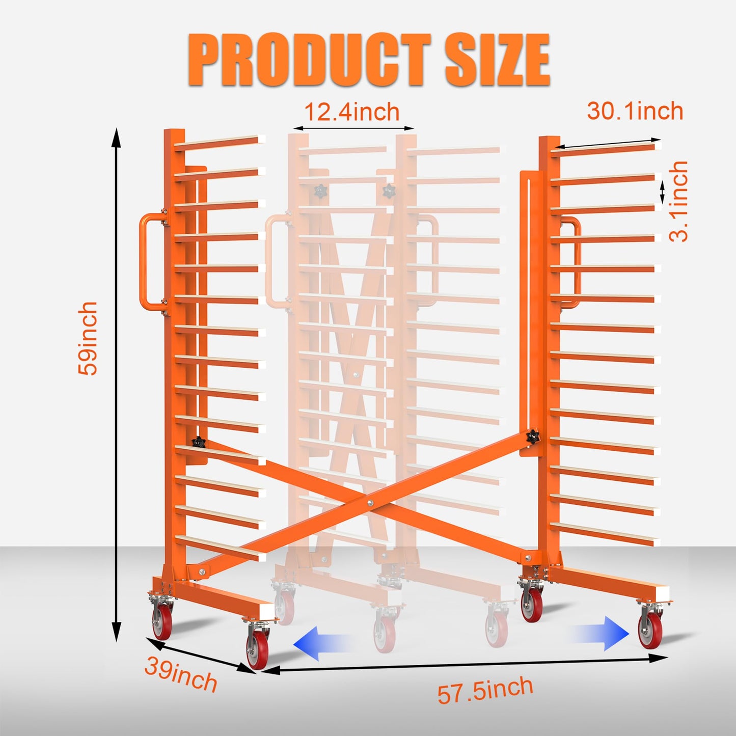 GARVIN 15-Tier Paint Drying Rack with Wheels, Adjustable Width 12"-58", Heavy Duty Cabinet Door Drying Rack, 110 lbs Per Shelf, Space-Saving Metal Paint Rack for Workshop, Spray Booth, Factory