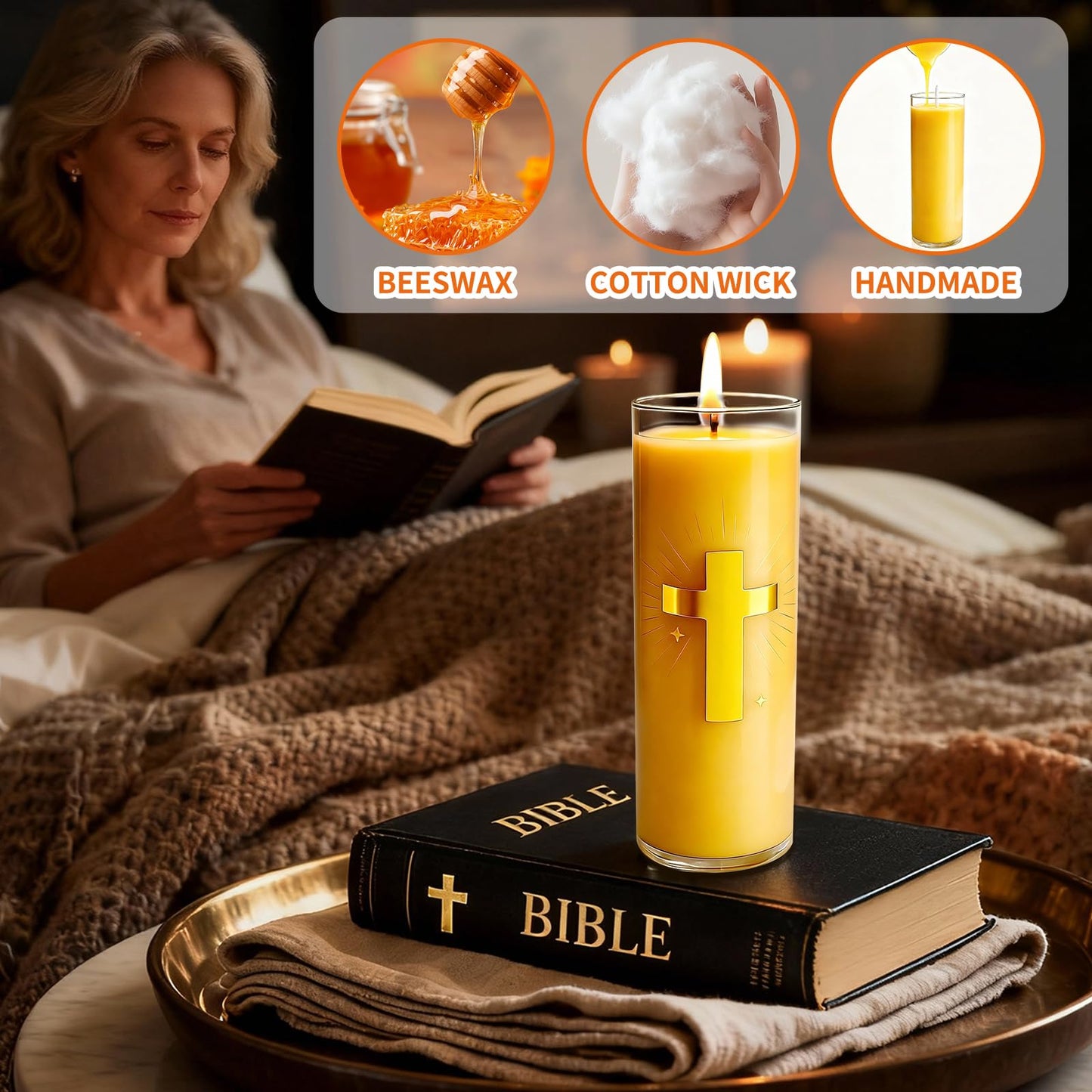 CysEdge Pure Beeswax Prayer Candles – 2 Glass Jars, 80 Hours Each, Unscented Pillar Candle Suitable for Churches, Memorials, Religious Vigils, Christian Gifts