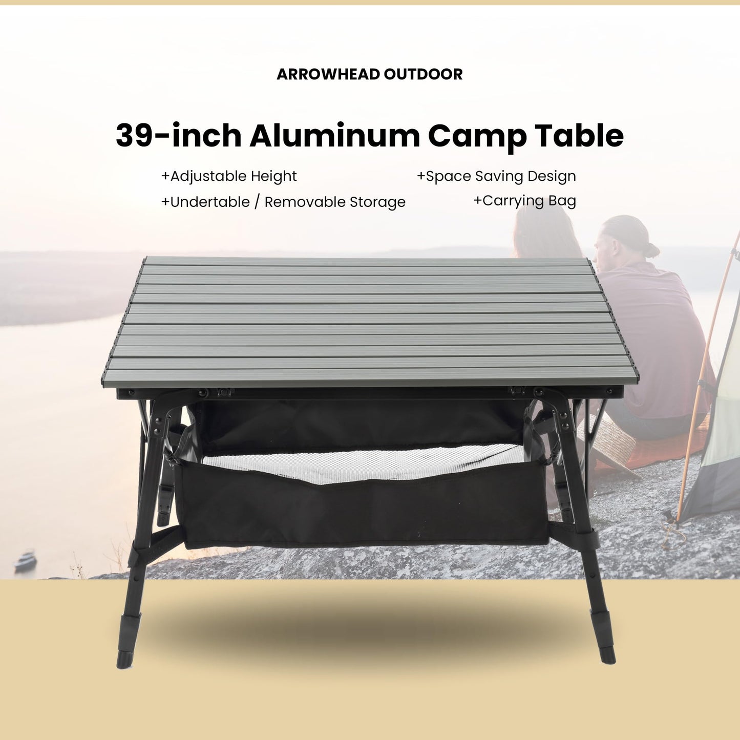 ARROWHEAD OUTDOOR 39" Aluminum Folding Camp Roll Up Table w/Adjustable Height, Undertable Mesh Storage, Carry Bag