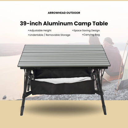 ARROWHEAD OUTDOOR 39" Aluminum Folding Camp Roll Up Table w/Adjustable Height, Undertable Mesh Storage, Carry Bag