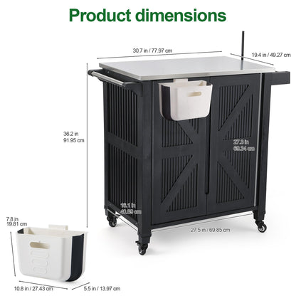 Nice C Grill Cart with Wheel, Outdoor Kitchen Island, Outdoor Grill Station Bar Cart with Stainless Steel Tabletop, Dining Cart Table Storage Cabinet, Grill Table for BBQ Food Prep