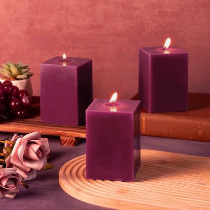 KONNI Square Purple Pillar Candles Set of 3, 2.8"x 4" Unscented Pillar Candles Bulk, 30 Hours Long Burning Candles, Smokeless and Dripless Large Candle for Wedding, Home Decoration, Parties, Spas