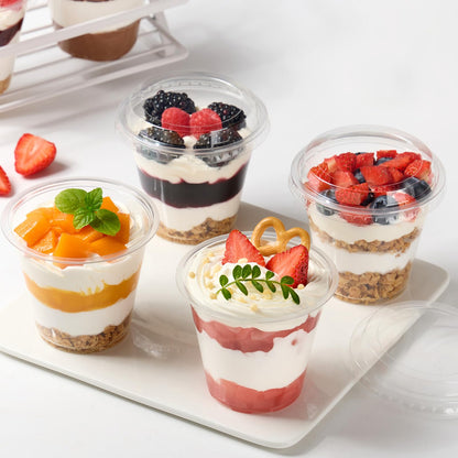 Jycnolm 100 Pack 9 oz Plastic Dessert Cups with Lids, Small Plastic Yogurt Parfait Cups, Mini Round Party Serving Cup for Pudding, Fruit, Cake, Appetizer, Dessert Shot Glasses