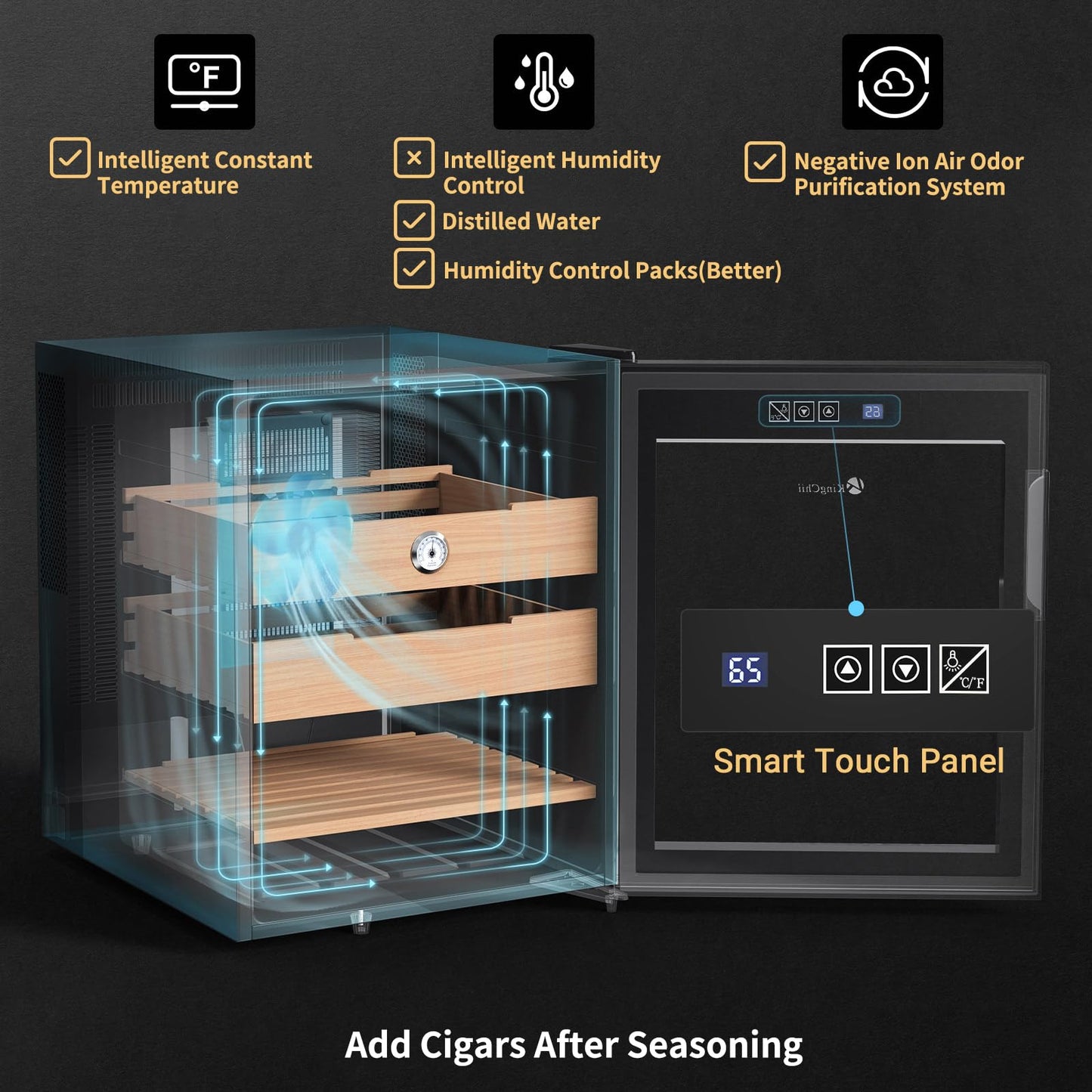 KingChii 48L Electric Cigar Humidors with Temperature Control System, Cigar Cabinet with Spanish Cedar Wood Shelves & Hygrometer, Gifts for Men (3 Layers 350 Capacity)
