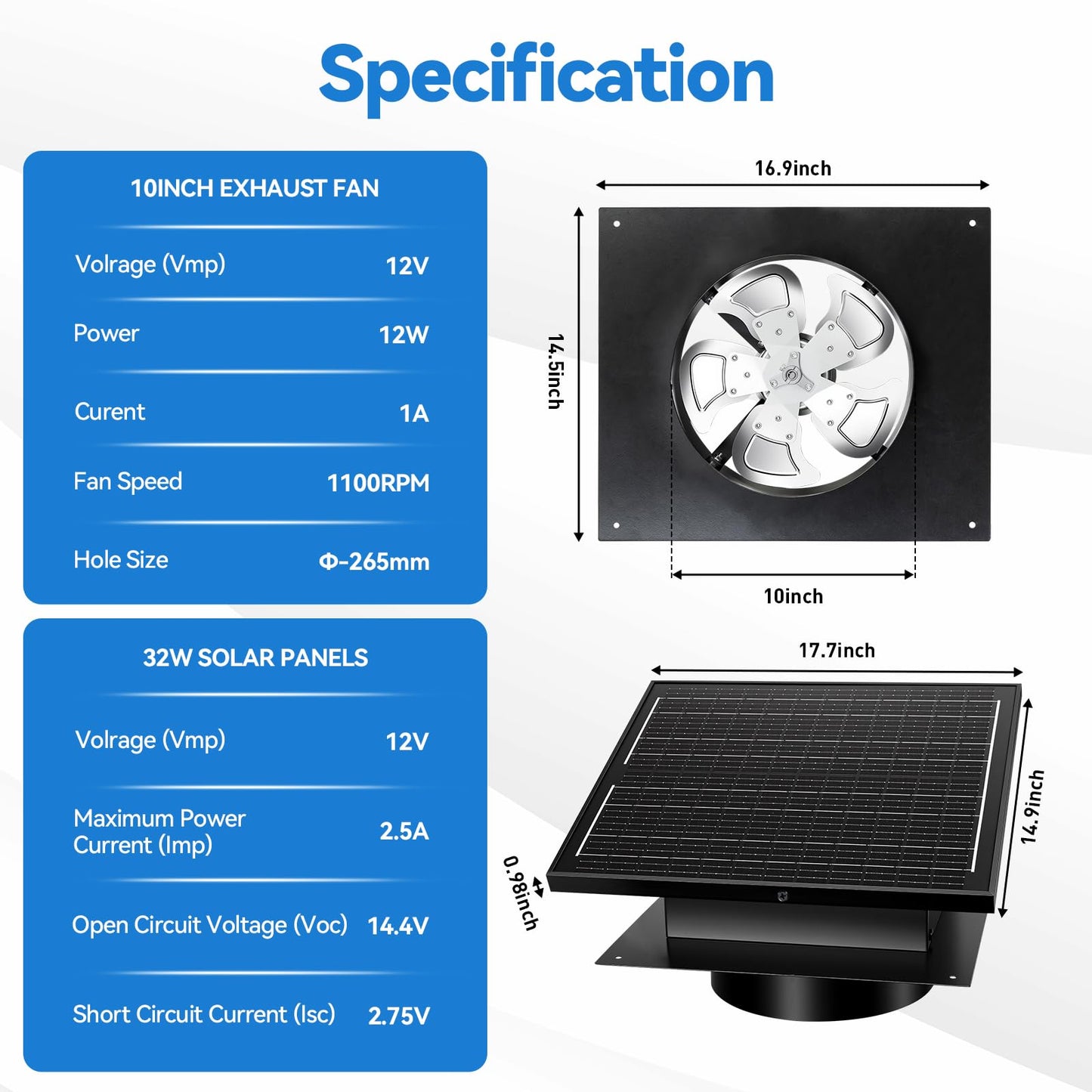 32W Solar Powered Attic Exhaust Fan with 10" Roof Vent - IP68 Waterproof DIY Ventilation System to Lower Heat, Prevent Moisture & Save AC Costs - Off-Grid Cooling for House, Garage,Shed & Greenhouse