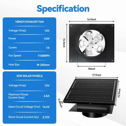 32W Solar Powered Attic Exhaust Fan with 10" Roof Vent - IP68 Waterproof DIY Ventilation System to Lower Heat, Prevent Moisture & Save AC Costs - Off-Grid Cooling for House, Garage,Shed & Greenhouse