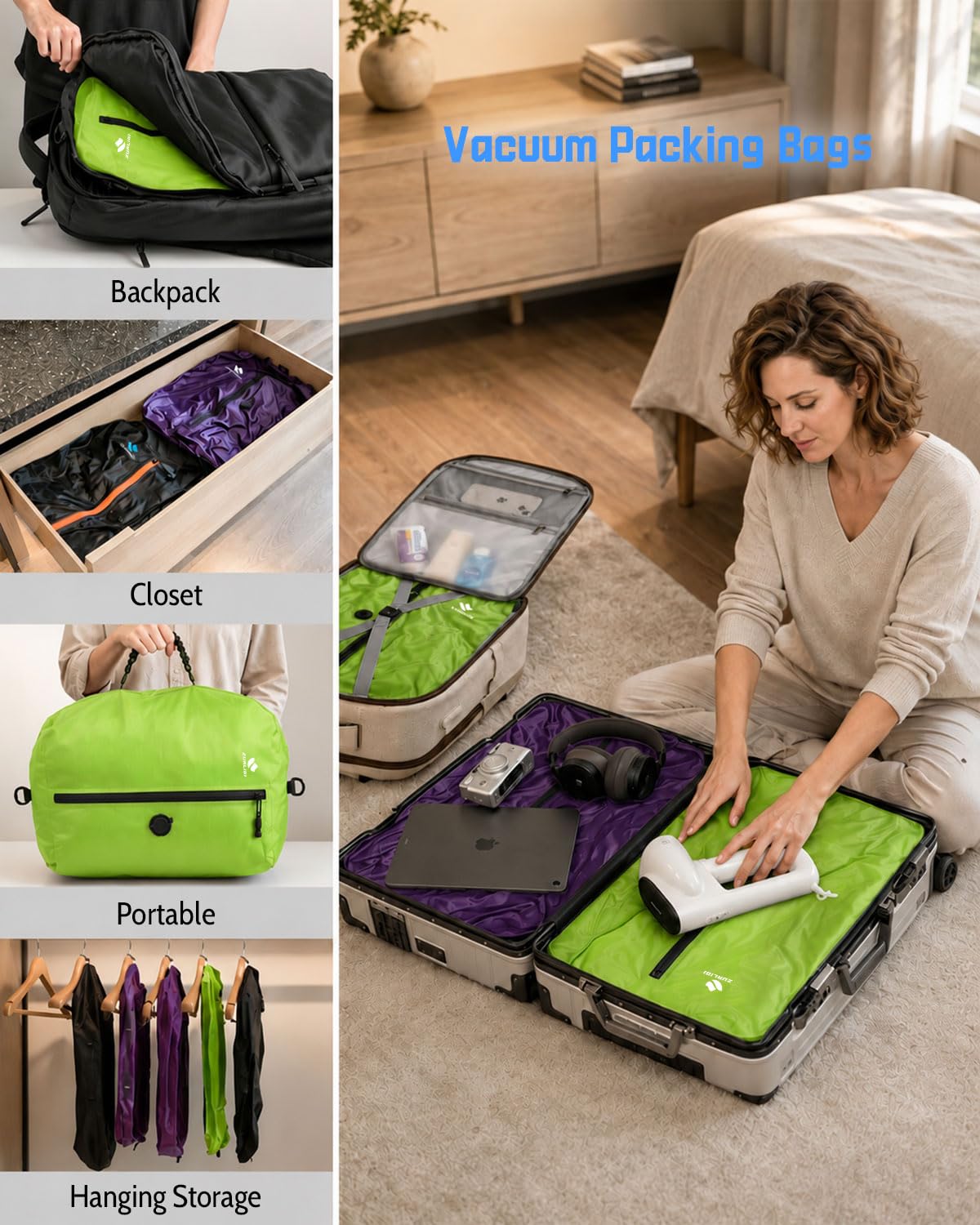 Zurligi Vacuum Compression Travel Bags Kit with Mini Pump, 39L Carry-On Vacuum Seal Bag + S/M/L Packing Cubes Set for Clothes & Underwear, Space Saving Organizer for Suitcase & Backpack