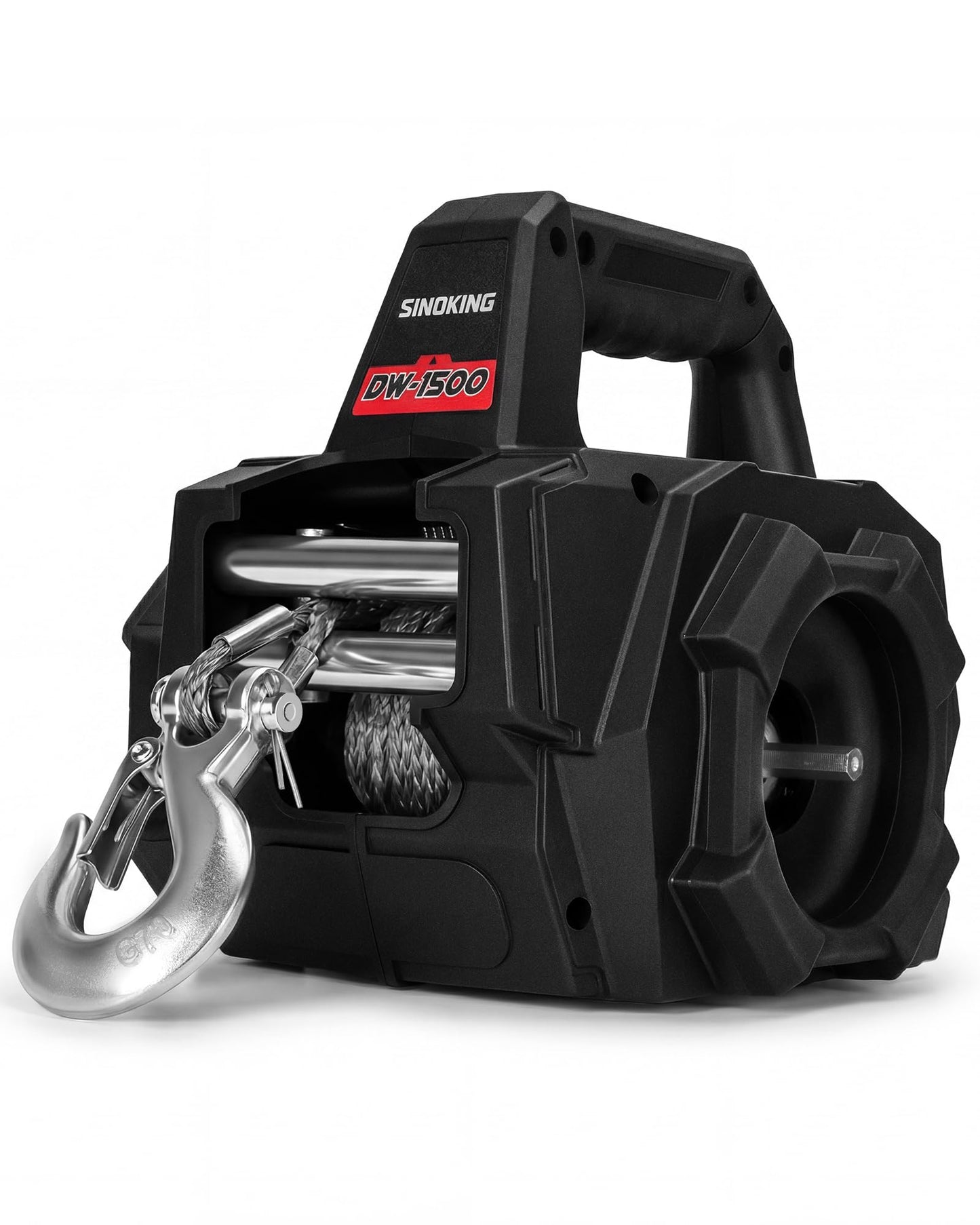 SINOKING 1500 LB Portable Winch, Drill Winch with Universal Drill Fitment, 40 ft Synthetic Rope, Free-Spool Clutch, 360° Swivel Hook for ATV, Farm, Rescue and Trailer Use