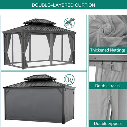 IDEALHOUSE Heavy Duty Aluminum Hardtop Gazebo with Double Roof, Mosquito Netting & Privacy Curtains, Weather-Resistant Outdoor Pavilion for Patio, Garden, Deck, or Backyard, Reinforced Frame, Black