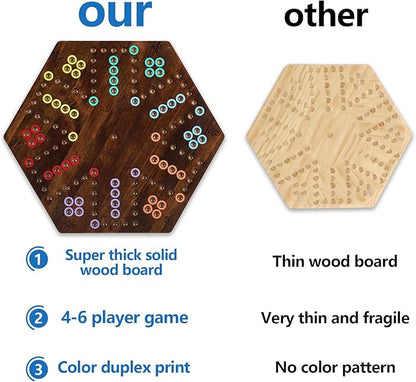 Large Size 20 inches Wood Wahoo Marble Board Game 2 Sided Game 4-6 Player for Friends and Family Party Classic Wahoo Style Strategy Racing Game with 6 Dices30 Marbles (Rustic Brown)