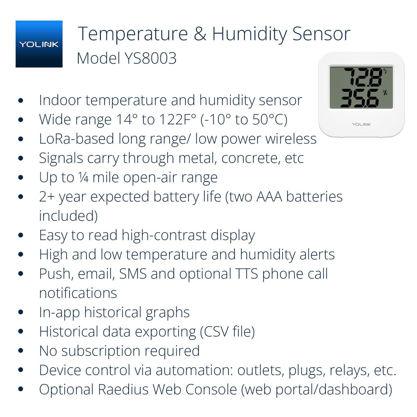 YoLink Smart Wireless Temperature & Humidity Sensor, 3-Pack, Wide Temp Range for Fridge, Green House, Pet Cage, App Alerts, Emails, Text/SMS alerts- Hub Required