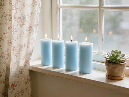 4 Pack Baby-Blue Pillar Candles, 2x4 Inch, Long-Lasting, Dripless and Smokeless Unscented Candles, Ideal for Home Décor, Parties Weddings and Relaxation