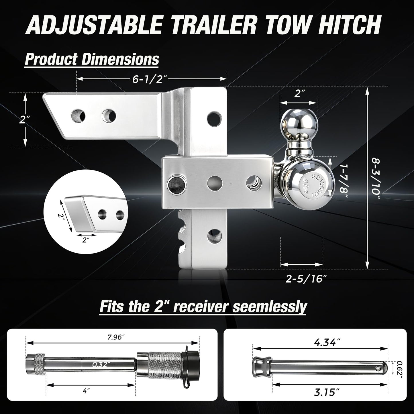 Adjustable Trailer Hitch Fits 2 Inch Receiver 12,500Lbs for Heavy Duty Truck RV with Tri-Ball (1-7/8", 2", 2-5/16") Stainless Steel 6-Inch Drop/Rise Aluminum Towing Ball Mounts (Silver)