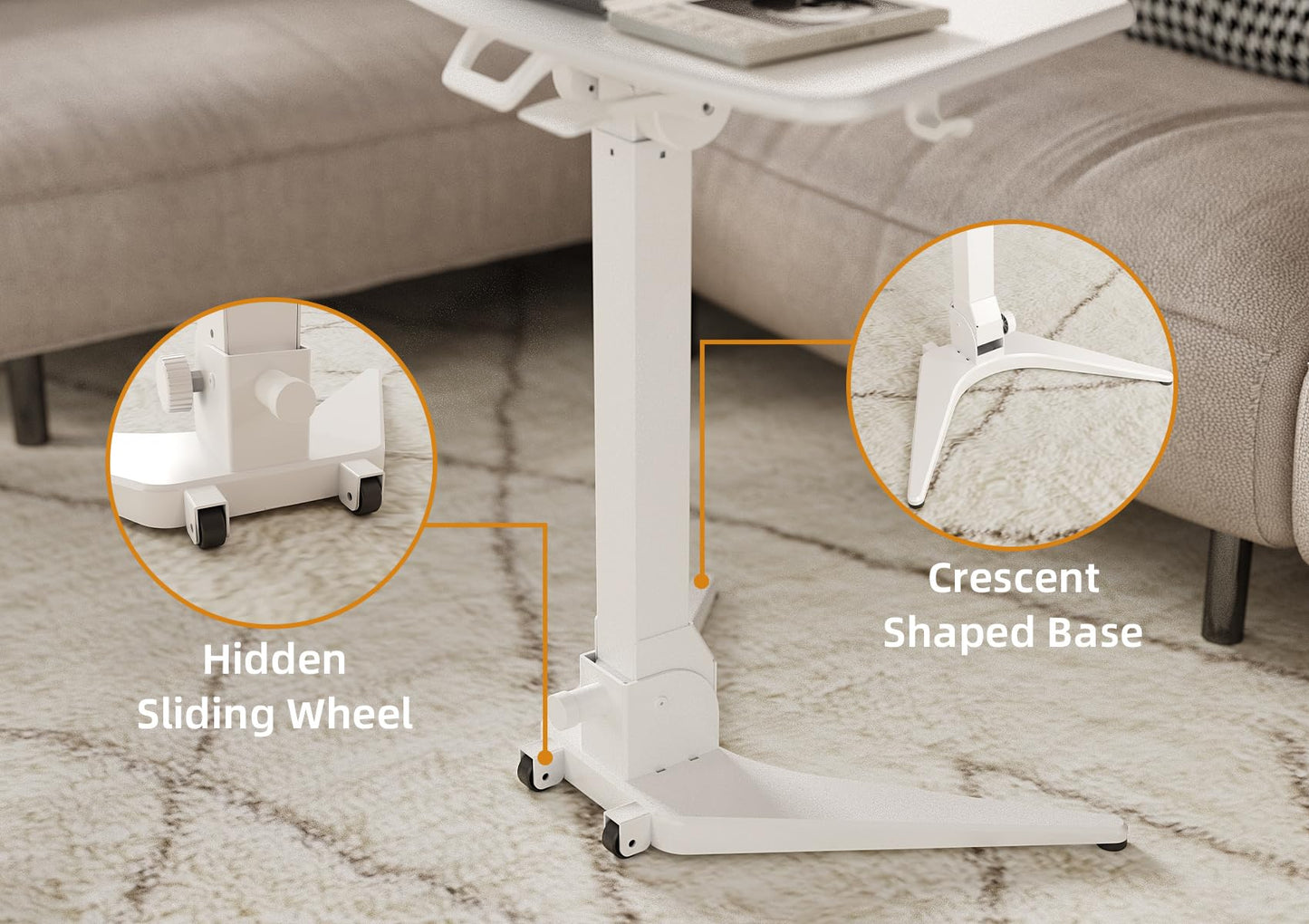 Claiks Mobile Standing Desk, Portable Rolling Workstation With Wheels, Pneumatic Height Adjustable Sit-Stand With 90 Tiltable, Foldable Non-Slip Computer Stand, White