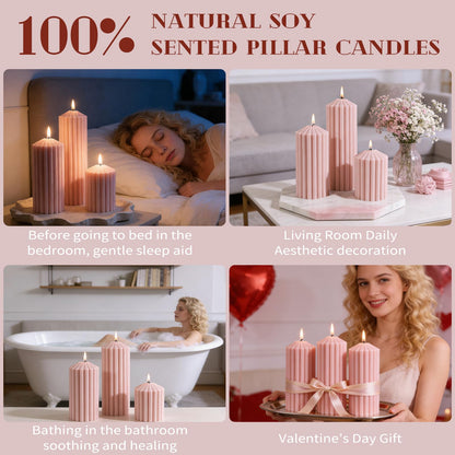 Pink Ribbed Pillar Candle Set of 3 - Wild Bluebell Scented Soy Wax Candle,Aesthetic Decorative Textured Pillar for Home Decor-2.8x4,6,8in Long Lasting Fragrance for Mother’s Day Gifts,Spa,Wedding