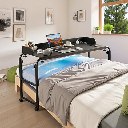 VEVOR Overbed Table, Mobile Bed Side Table with 4 Wheels (2 with Brakes) and Power Socket, Height Adjustable Rolling Laptop Desk, Portable Particleboard Over Bed Desk for Home, Office, Study, Black