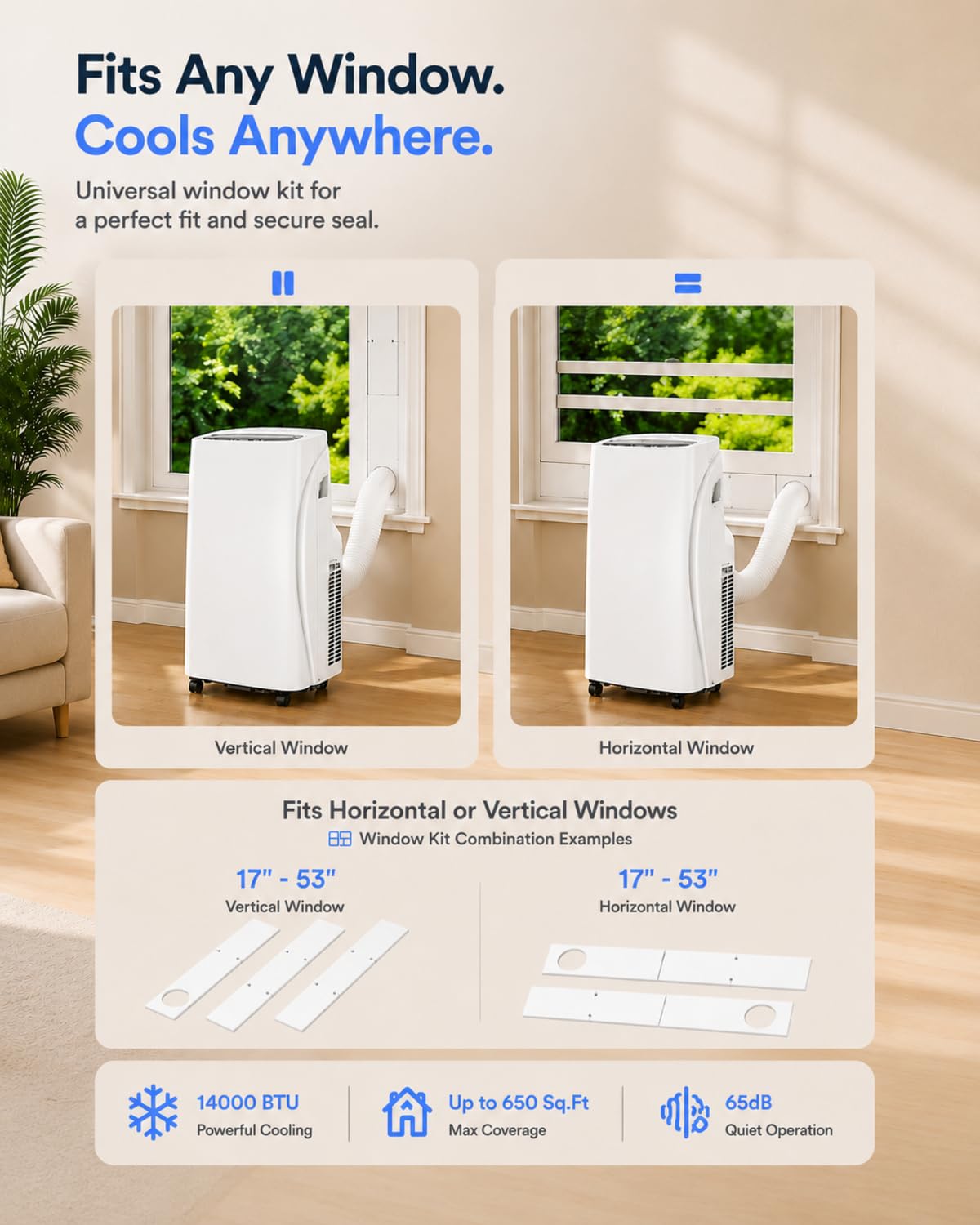 Coolblus Portable Air Conditioners 14000 BTU, Wi-Fi Smart Portable AC Unit for Room Up to 650 Sq.Ft, 3 in 1 Quiet AC with Cool/Dehumidify/Fan, Remote Control, Auto Swing, White-14000BTU-WIFI