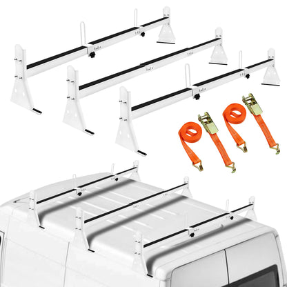 Ladder Rack for Van, Van Roof Rack Compatible with Chevy Express 1500 2500 3500 Ford Econoline GMC Savana Fullsize with Rain Gutter, Adjustable Length 57''-65'', 3 Bars, 800 Lbs, White