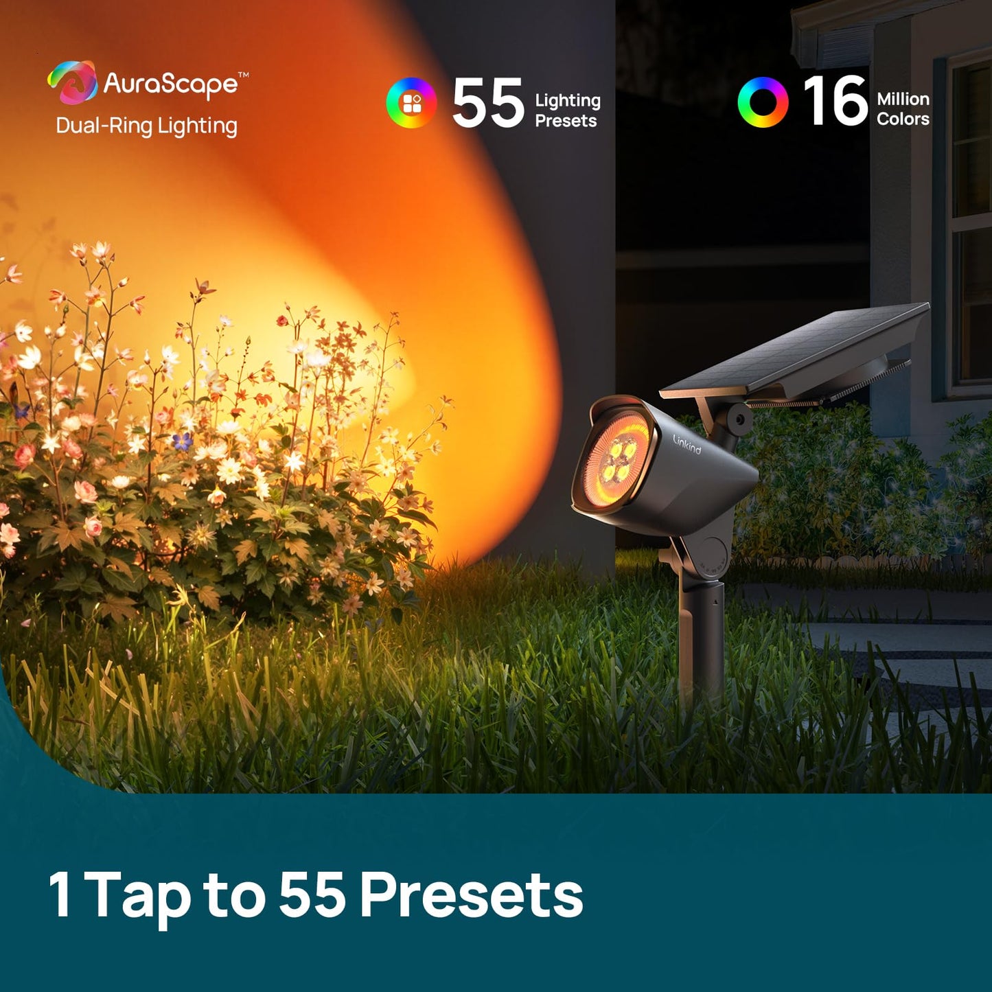 Linkind Smart SL6C Outdoor Lights Solar Powered, Dual-Ring Solar & USB Charging Solar Spotlights Outdoor Waterproof IP66, Color Changing Spot Light for Trees, Yard, Garden, Landscape, 4 Pack