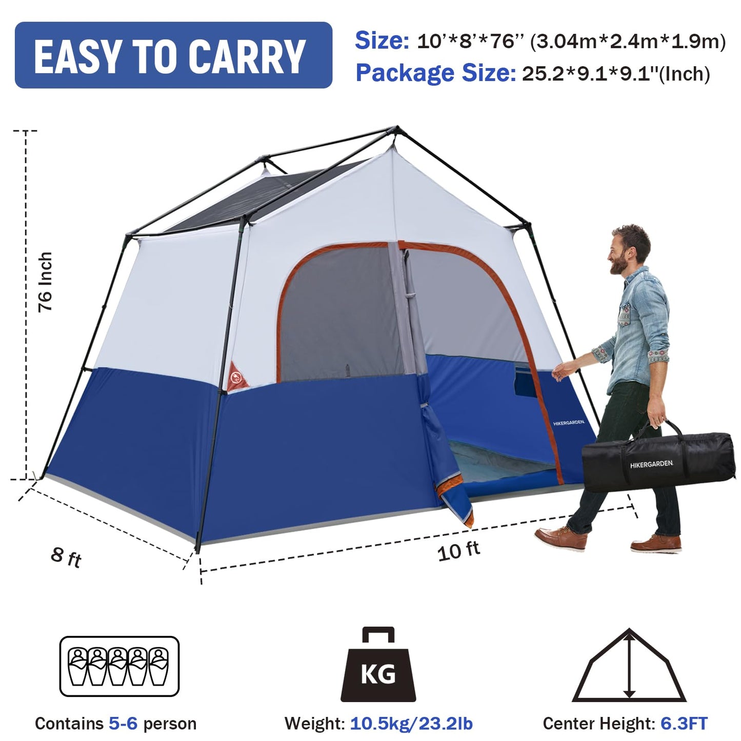 HIKERGARDEN 6 Person Camping Tent - Portable Easy Set Up Family Tent for Camp, Windproof Fabric Cabin Tent Outdoor for Hiking, Backpacking, Traveling (Blue)