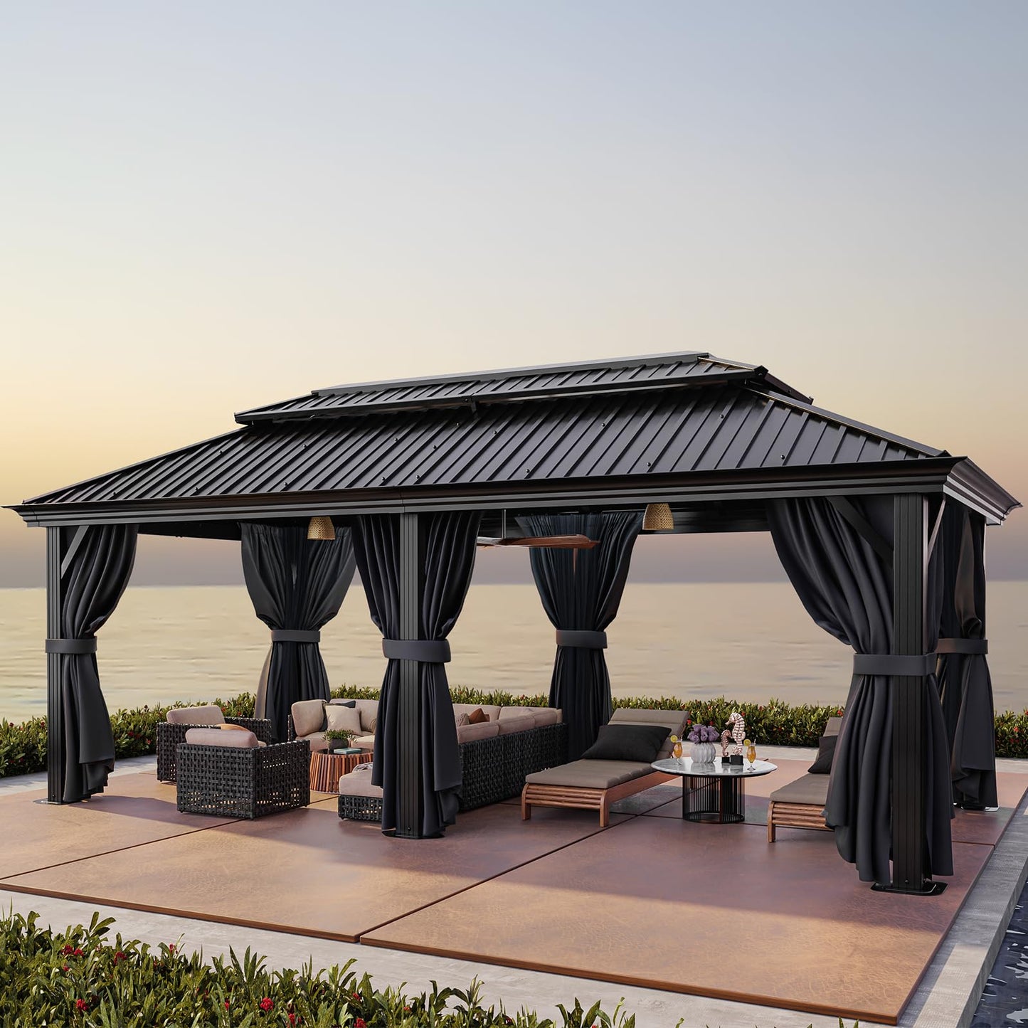 HOTEEL 12x20 Hardtop Gazebo on Clearance with Metal Roof & Gutter, Heavy Duty Galvanized Steel Patio Gazebo with Aluminum Frame, Privacy Curtains and Netting, for All-Weather, Black (2026 Upgraded)