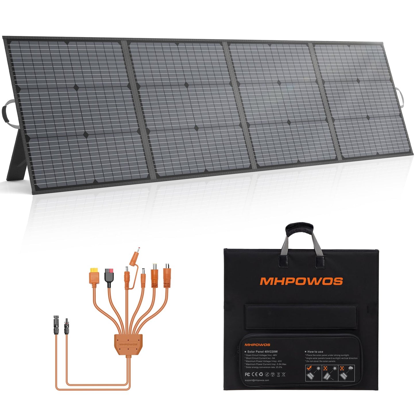 Portable Solar Panel 220W 40V Monocrystalline Foldable Solar Panels Charger Power Backup, IP67 Waterproof Durable for Power Station RV Camping Off Grid Fishing