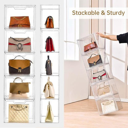 Freebat Stackable Storage Bins - Clear Acrylic Display Case | 5-Pack Storage Boxes with Lids for Handbags & Collectibles