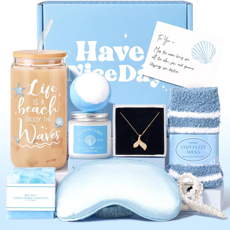 Gift Baskets for Women, 9pcs Unique Happy Birthday Gifts for Women, Best Ocean Christmas Gifts Ideas Relaxing Spa Set Blue Inspirational Get Well Box for Her Sister Friend Friendship Mom
