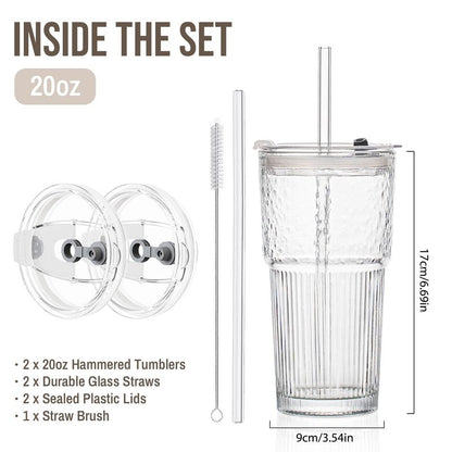 SoulTimes 20oz Glass Tumblers with Lids and Straws, Set of 2 - Stylish Ribbed Design Drinking Glasses for Iced Coffee Cups, Juice, Smoothies, Cold Beverages, Includes Cleaning Brush, Durable Glassware