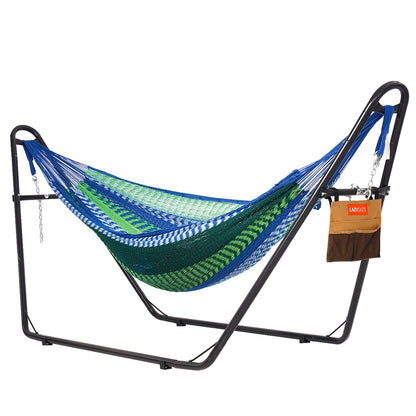 Lazy Daze Hammocks Handwoven Mayan Hammock with Heavy Duty Steel Stand, 10.5 FT Soft Rope Double Hammock for Patio Outside, 550 lbs Weight Capacity, Blue/Green