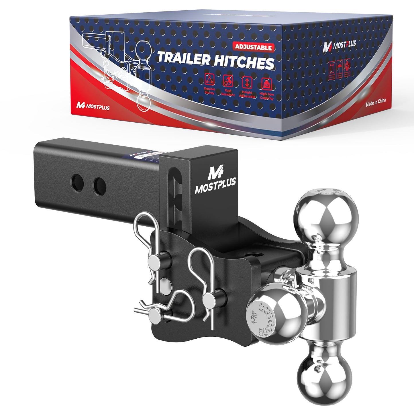 MOSTPLUS Trailer Hitch, 2.5 Inch Receiver, Tri-Ball Mount with 2" & 2-5/16" & 1-7/8" Balls, 5,000-20,000 LBS GTW, 4" Adjustable Height Heavy Duty Towing Hitch for Most Truck & SUV