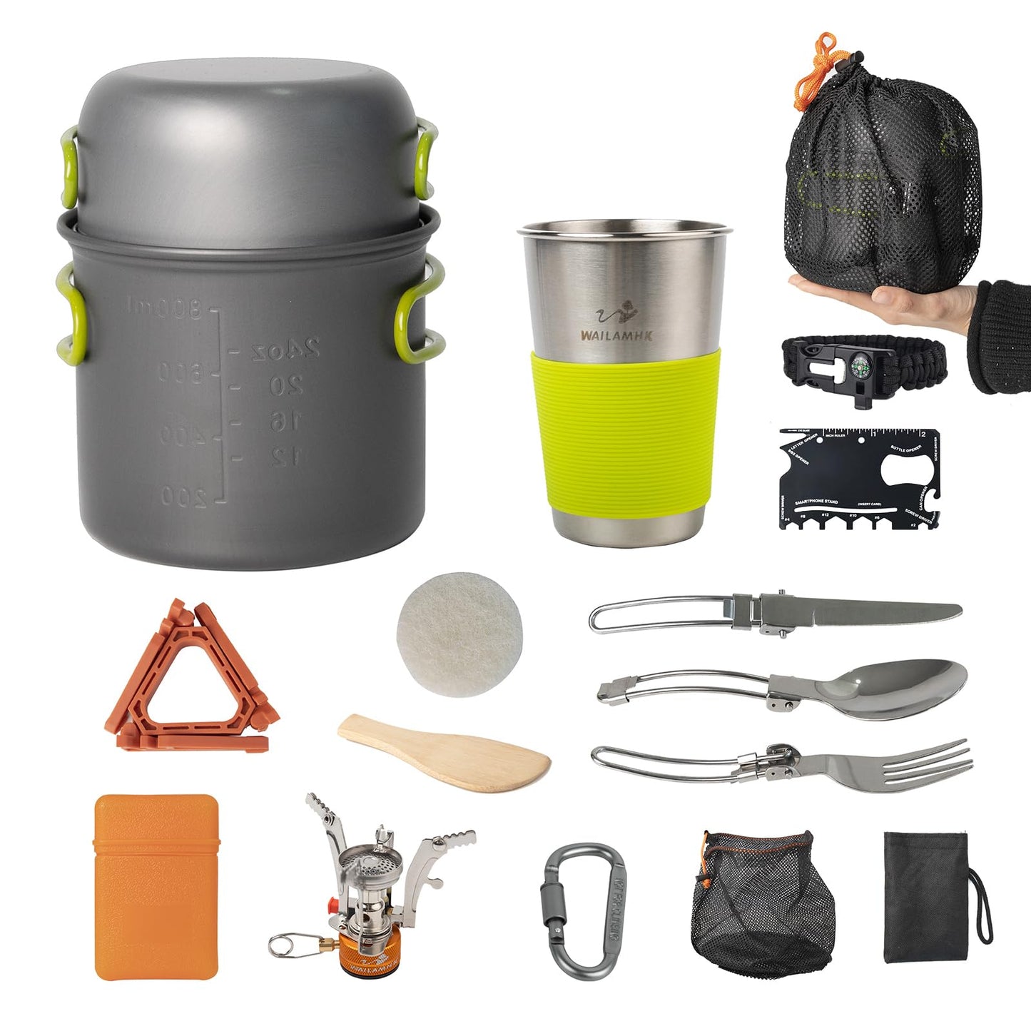 WAILAMHK Camping Cookware Mess Kit, 16 pcs Backpacking Cooking Set, Lightweight Camping Pots and Stove Set for 1-2 Person, Outdoor Cooking Gear Ideal for Camping, Hiking, Backpacking and Picnic