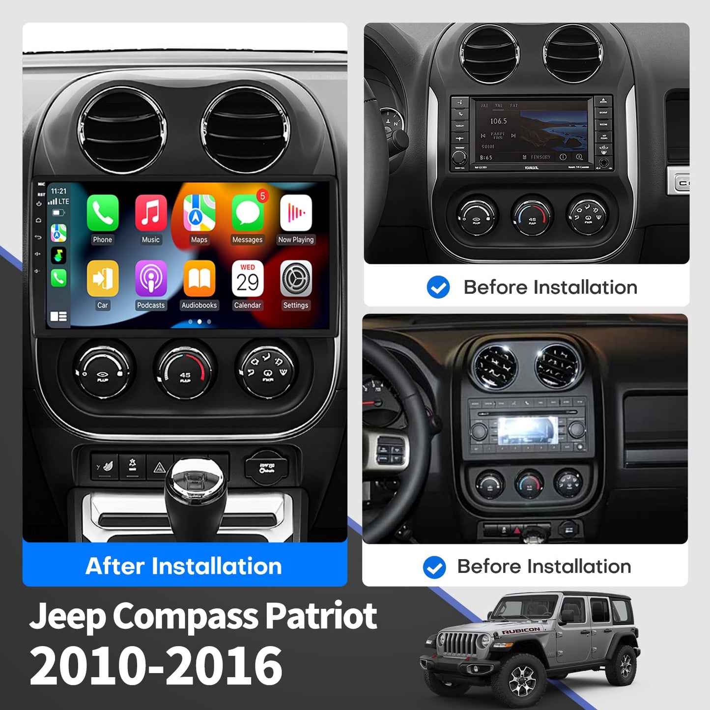 Car Radio Stereo for Jeep Compass Patriot 2010 2011 2012 2013 2014 2015 2016 Radio Upgrade with Wireless Carplay Android Auto 10 inch Support GPS Navigation WiFi BT SWC Back up Camera