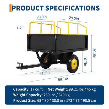 Lawn Mower Trailer ATV Dump Cart Tow Behind, 600 Lb Capacity, 17 Cu.ft, Heavy Duty Steel Garden Utility Trailer with All Terrain Tires & Removable Sides for Yard Lawn