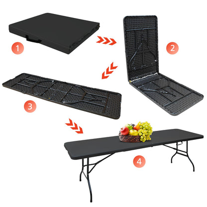 LSKSSNG Portable 8Ft Folding Table, Heavy Duty Plastic Fold-in-Half Utility Foldable Dining Table, Multi-Purpose Plastic Folding Table with Carrying Handle for Camping and Party Indoor/Outdoor (Black)
