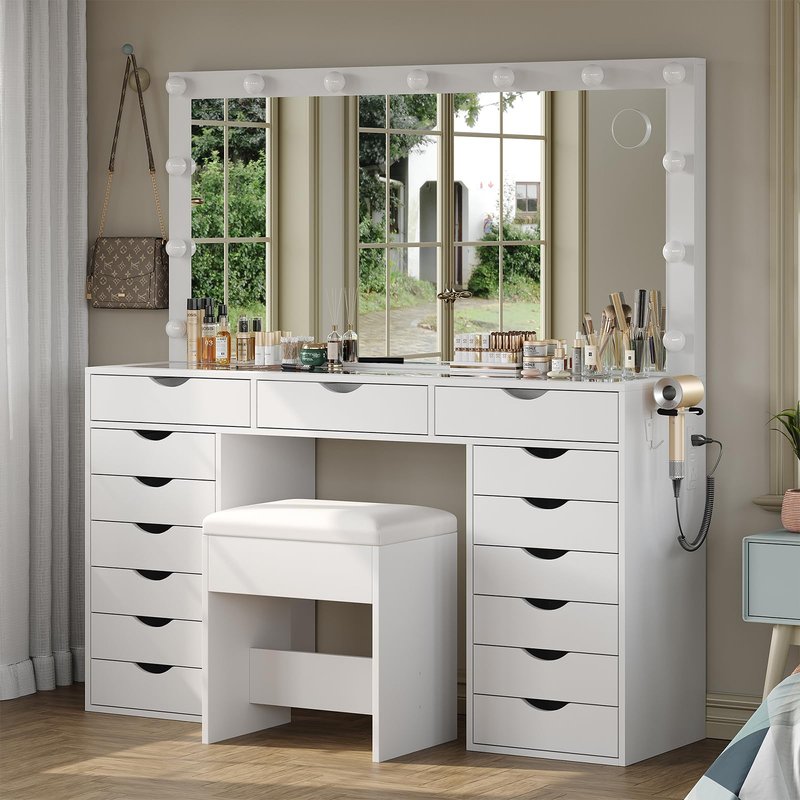Yanosaku Vanity Desk with Mirror and Lights, Makeup Table with Charging Station, 3 Color Lighting Modes, 15 Drawers Dressing Table, Vanity with Chair for Bedroom, White