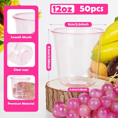 50 Pcs Pink Clear Plastic Cups 12 oz, Bulk Disposable Stemless Wine Glasses, Cute Pink Plastic Party Cups for Meeting Wedding Birthday Valentines Christmas Cocktail Theme Party Supplies Decorations