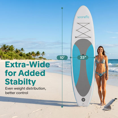 SereneLife 10’ Inflatable Stand Up Paddle Board with Premium SUP Accessories - 32” Wide Stable Design with Non-Slip EVA Deck Pad, for Youth and Adults, 275 lbs. Capacity