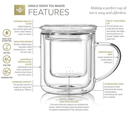 Teabloom Heatproof and Insulated Borosilicate Glass Tea Cup with Infuser for Whole-Leaf Loose Tea – Tea Purist's Choice – Wellbeing Double-Walled Infusion Mug with Lid (8 oz)