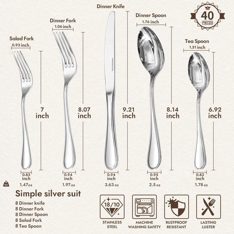 KINGSTONE 40 Piece Teardrop Silverware Set for 8, 18/10 Stainless Steel Flatware Set, Modern Design Cutlery Set for Home/Hotel/Wedding,Mirror Polished and Dishwasher Safe