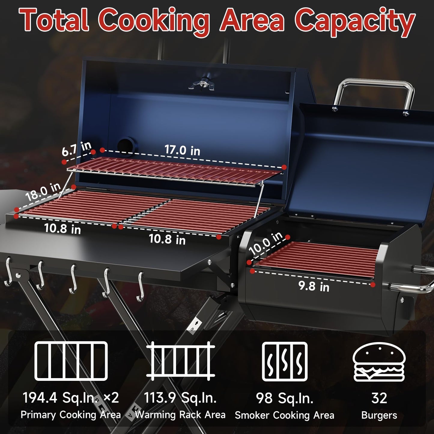 kscocinaBBQ Portable Charcoal Grill with Smoking Function, Foldable Suitcase Design with Wheels, Multi-Tier Storage Rack & Waterproof Cover for Outdoor BBQ Parties (Blue)