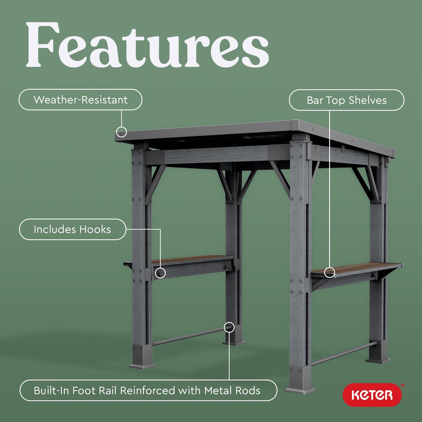 Keter Signature 8 x 6.5 FT Grill Gazebo Hardtop Durable Resin Outdoor BBQ Gazebo with Double Shelves, Permanent Grill Pavilion for Patio Lawn, Deck, Backyard, and Garden