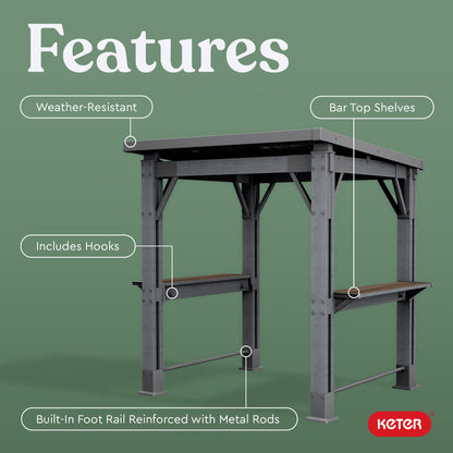 Keter Signature 8 x 6.5 FT Grill Gazebo Hardtop Durable Resin Outdoor BBQ Gazebo with Double Shelves, Permanent Grill Pavilion for Patio Lawn, Deck, Backyard, and Garden
