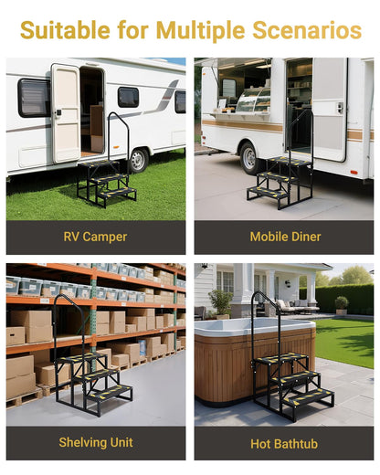 Altyostar RV Steps with Handrail Heavy-Duty 3 Step Camper Entry Step Stairs for 5th Wheel RVs Outdoor Camping Travel Trailers Motorhome Mobile Home Porch Hot Tub Spa Portable Step