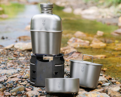 Keith Titanium Ti3061 Pro Plastic-Free Canteen Mess Kit with Stove – Grade 1 Titanium Cookset, 37 oz Bottle, 24 oz & 13.5 oz Cups, Custom MOLLE Field Carry Case with Premium Zippered Pouches