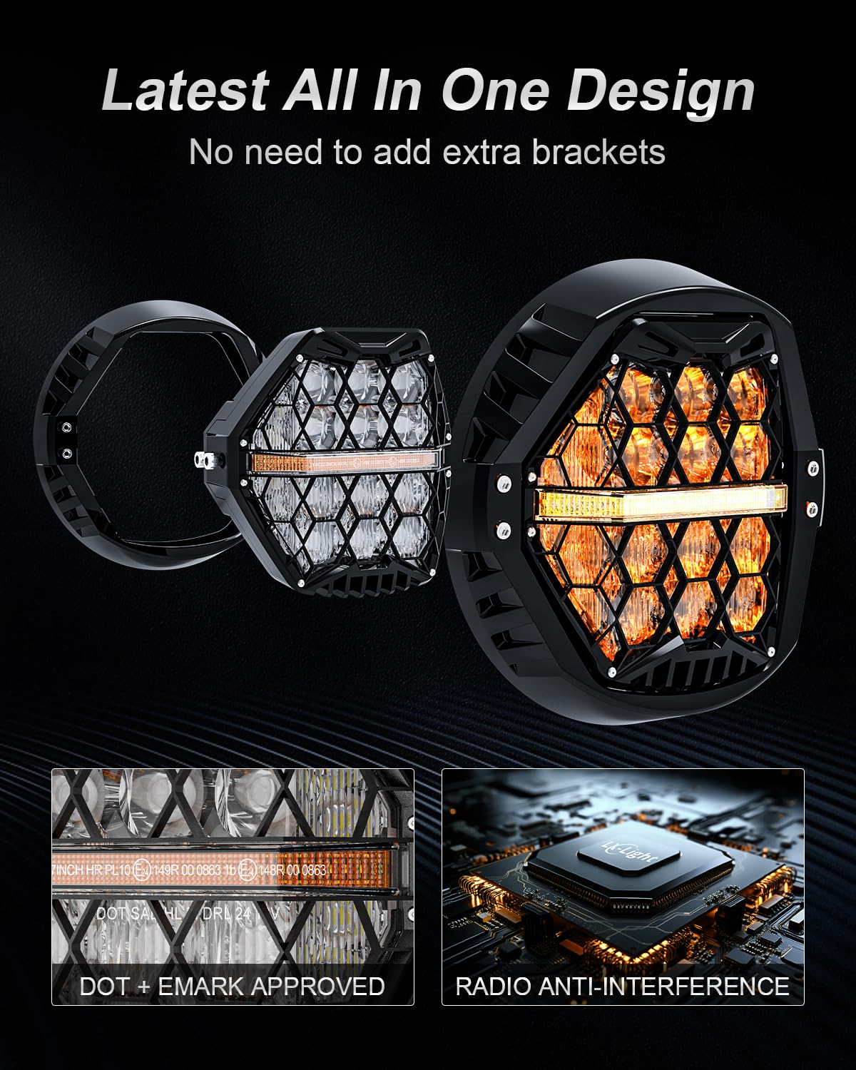 DOT Approved 1200% Bright 180W 7'' Motorcycles LED Headlight with 4.5'' LED Passing lights Compatible with Road King Road Glide Street Glide Electra Glide Ultra Limited Trike Heritage Softail Fat Boy