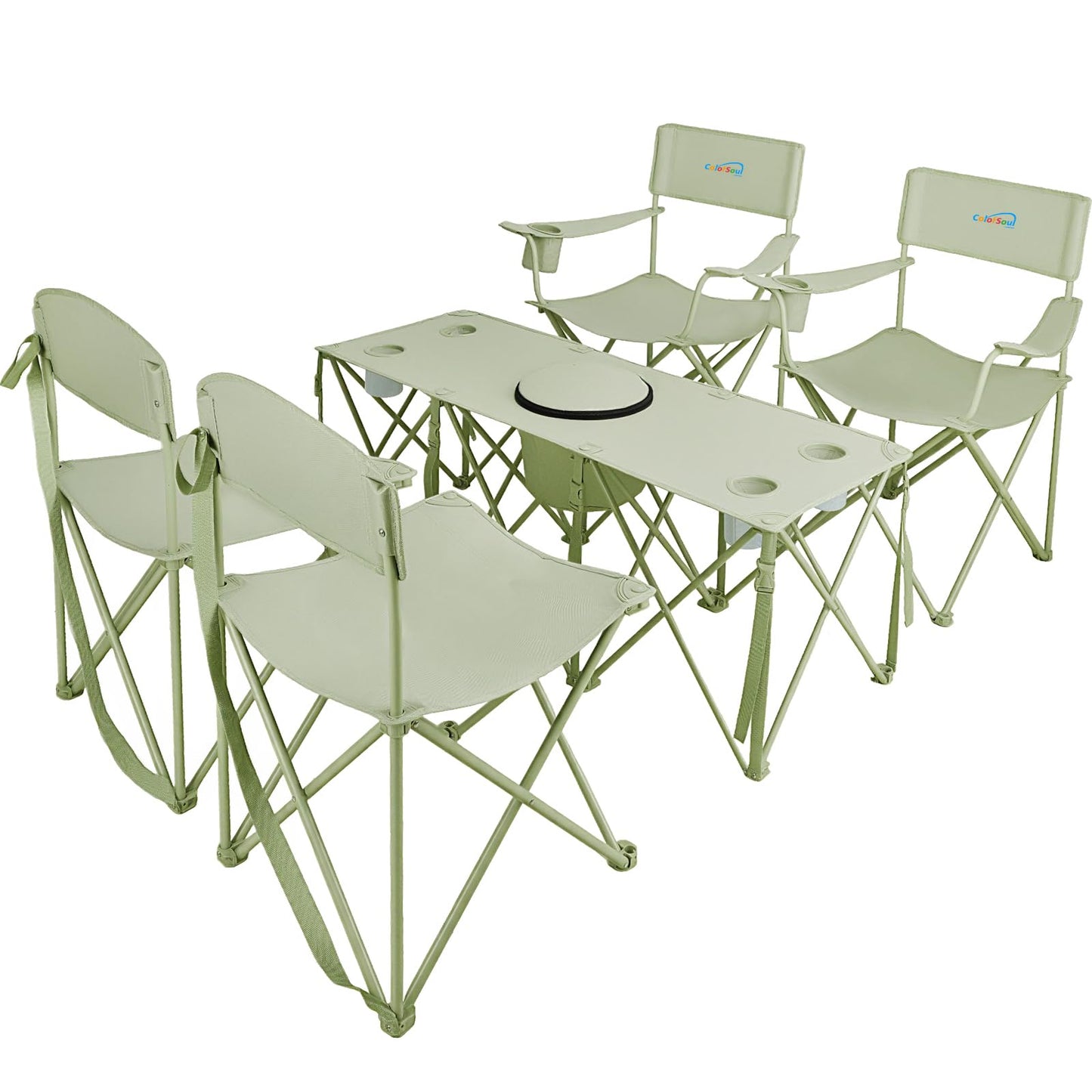 5 Pcs Camping Chair and Folding Camping Table Set, Outdoor Folding Picnic Chairs Lawn Portable Camp Table with Cooler Bag & Cup Holder for Camping, Fishing, Sporting Events, Support 500lbs, Green
