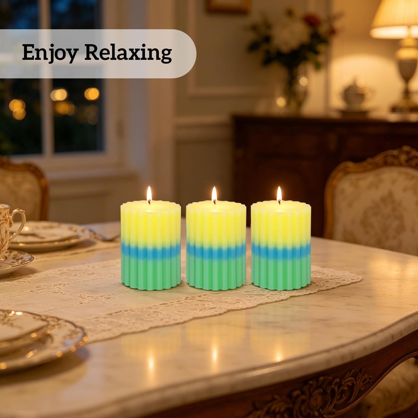 FLAVCHARM Ribbed Pillar Candles 3x4 Inch Lemon Scented Candles Long Lasting Burn Dripless Striped Pillar Candle 3 Pack Aesthetics Aromatherapy Candle for Home Party Summer Decoration Housewarming Gift